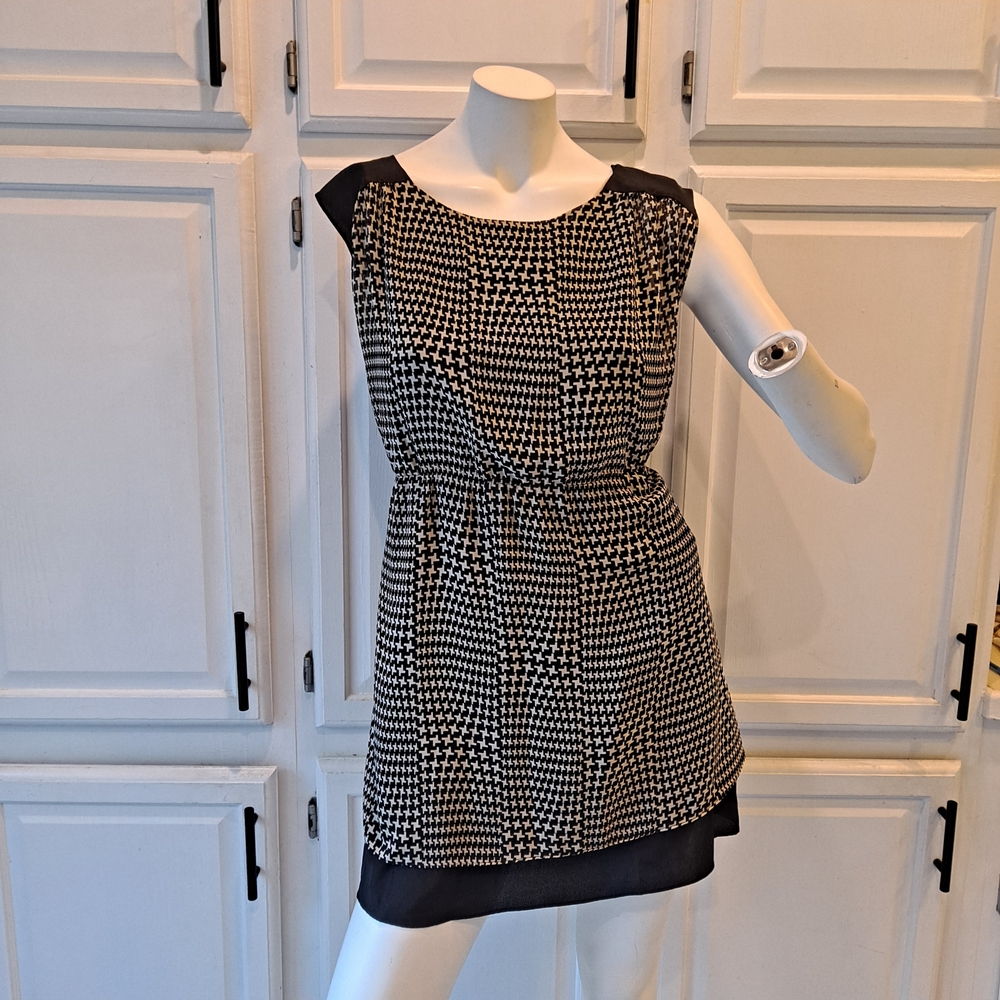Gameday By Chloe Black & Tan Houndstooth Layered Belted Sleeveless Mini Dress